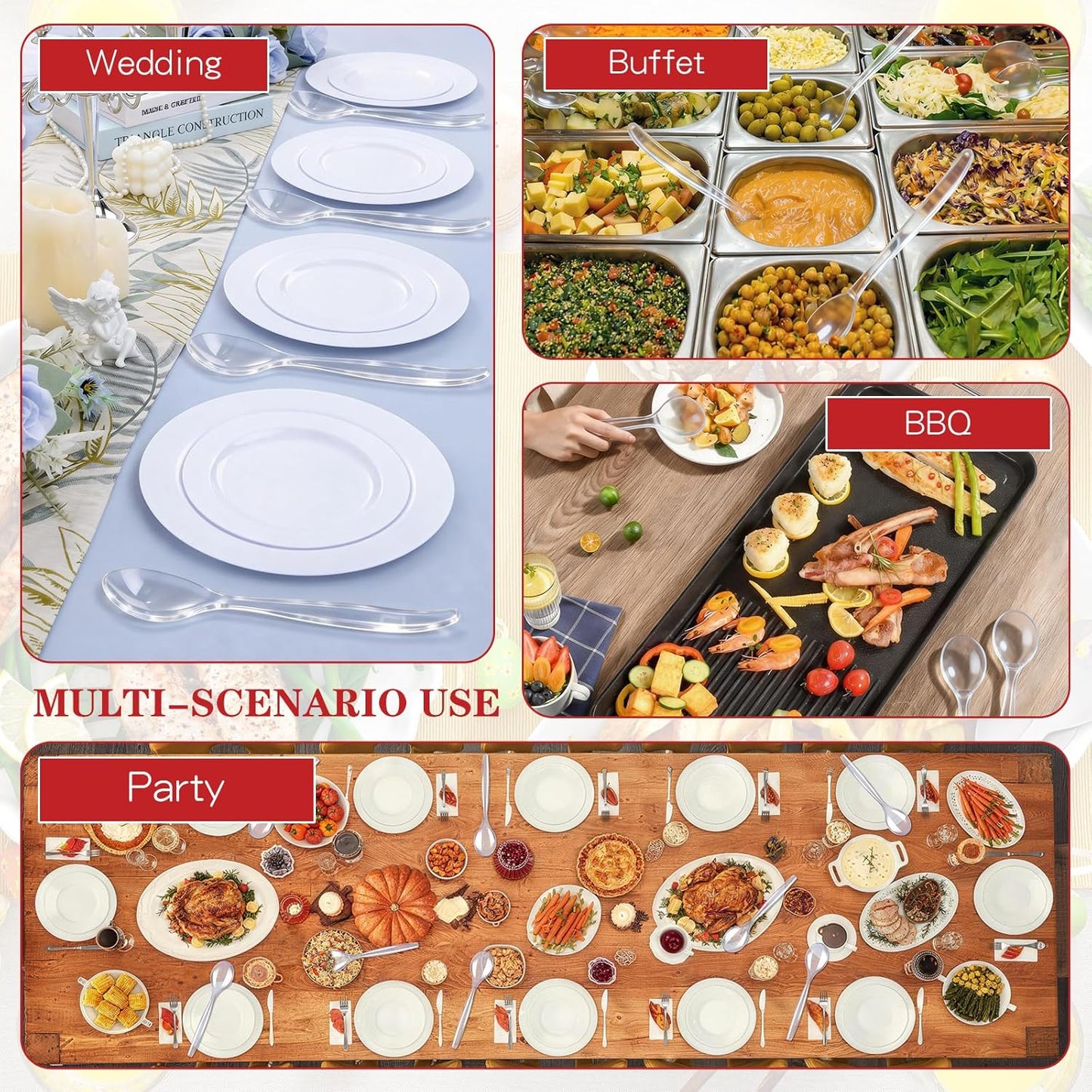 Mwellewm 10" Serving Spoons Plastic Serving Utensils 12 Packs Disposable Spoons for Buffet Large Heavy Duty Black Plastic Soup Spoons Catering Supplies for Parties Weddings Gatherings Holiday