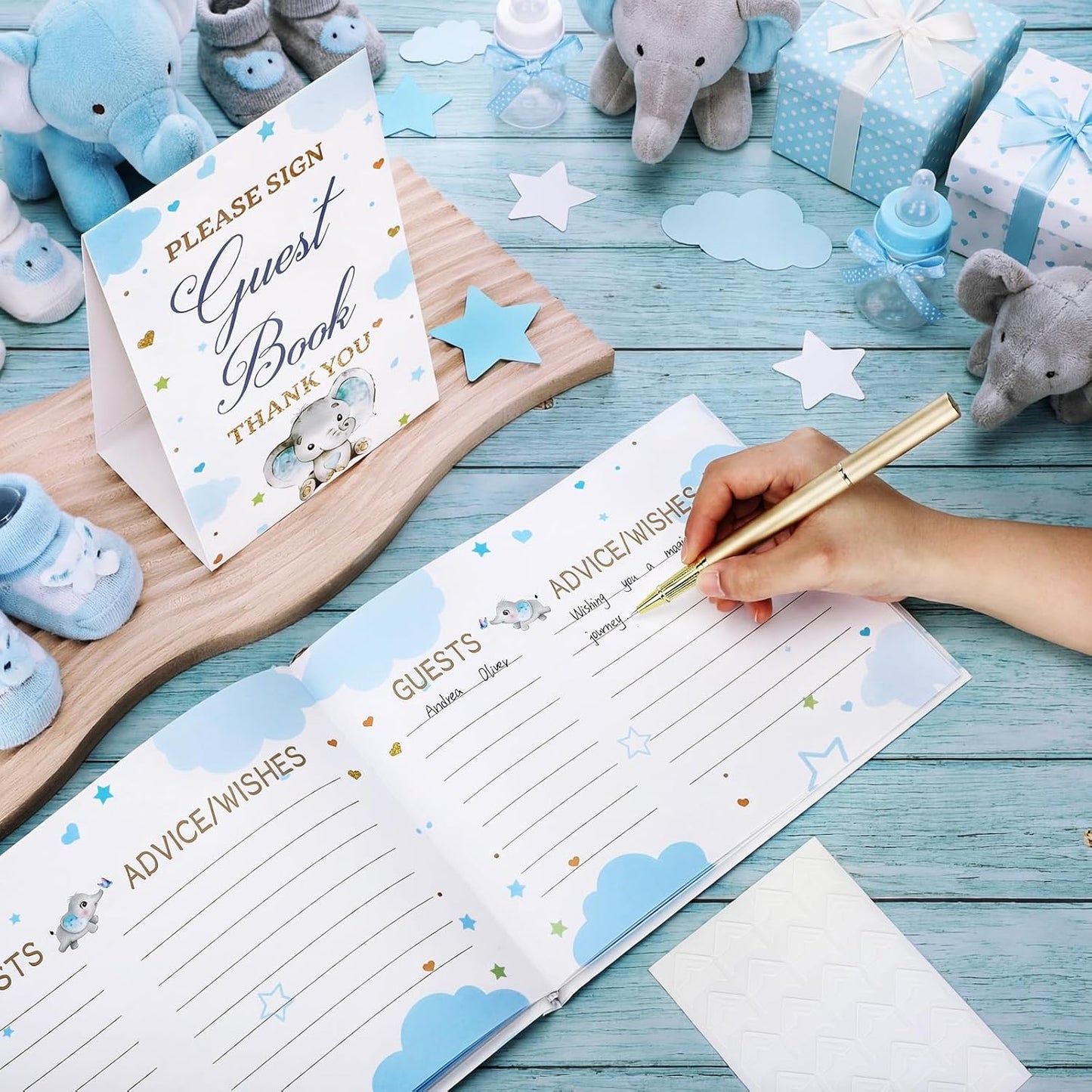 Fuyoooo 27 Pcs Safari Animal Baby Shower Guest Book Set Baby Shower Sign in Guest Floral Book Place Table Cards with Gold Pen Adhesive Photo Corner for Birthday Party