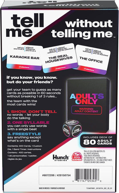 Spin Master Games, Tell Me Without Telling Me, 2025 Edition with New Cards, The Viral Adult Party Game for Friendsgiving, Adult Card Game, 4+ Players, for Ages 18 & Up