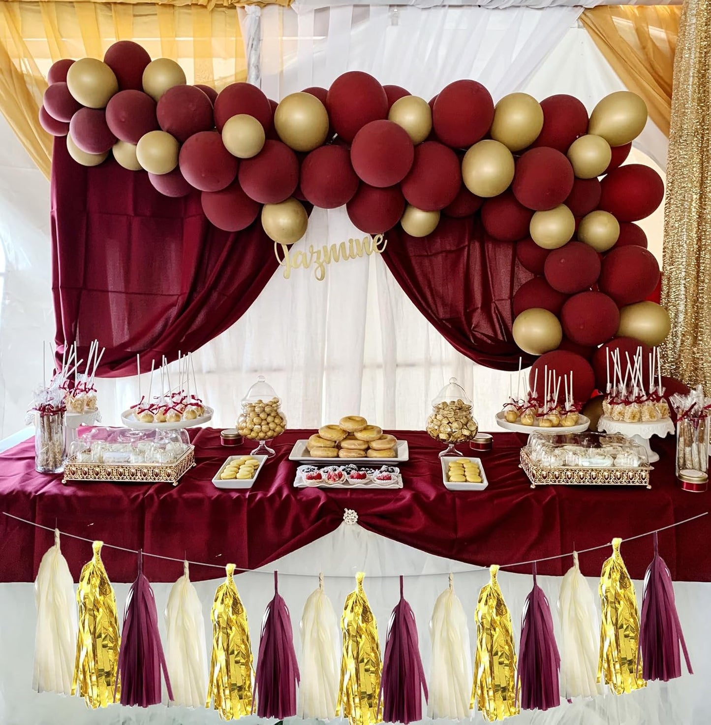 15PCS Burgundy Maroon Gold Beige Party Tissue Tassel Garland Hanging Banner Streamers Graduation Fall Bridal Baby Shower Wedding Birthday Nursery Classroom Décor