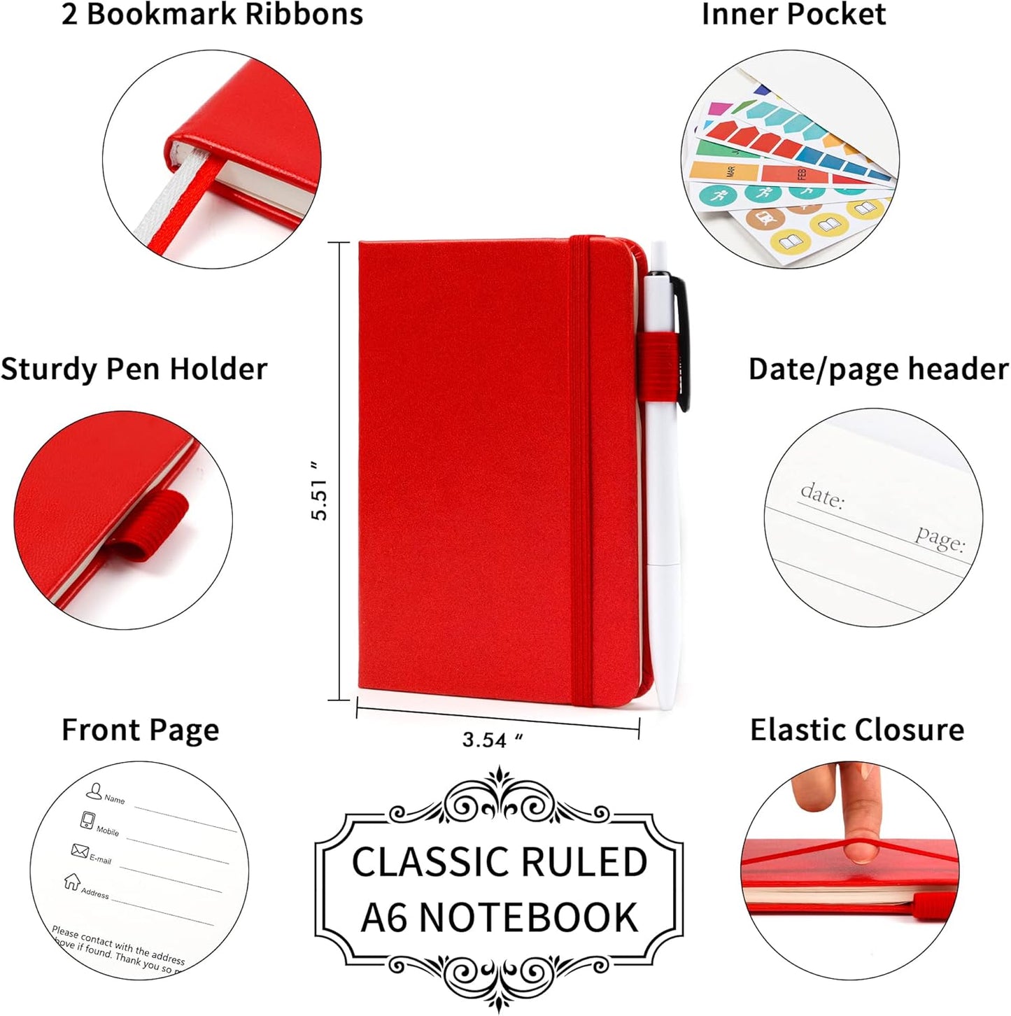 feela 6 Pack Pocket Small Notebooks Bulk, Mini Cute Memo Notepads Hardcover College Ruled Lined Journals with Pen Holder for Women Girls Office School, with 6 Black Pens, 3.5”x 5.5”, A6, Rose Pink