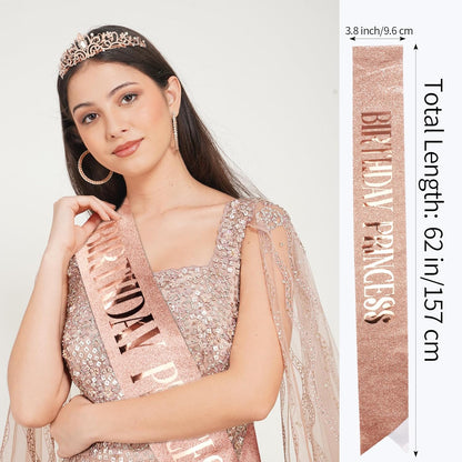 CIEHER Princess Crown and Birthday Sash Set, Pink Tiara for Women, Birthday Decorations for Girls, Gifts