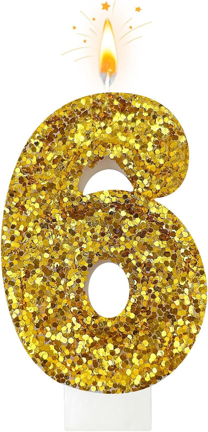 Birthday Number Candles, Glitter Number Candle Cake Decorations with Sequins, Cupcake Decorations for Girls, Women, Party Anniversary Celebrations (Number 6, Purple)