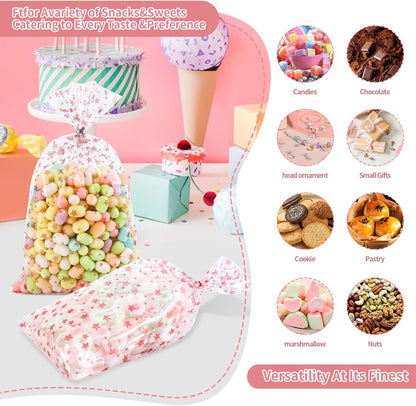 100 Pcs Star Printed 5"X 7" Gift Wrap Cello Cellophane Treat Bags Party Favor bags Clear Candy Cookie Bag Plastic Poly Goodie Storage Bag with Twist Ties for Bakery,Birthday, Wedding ,Party Decorations (Gold)