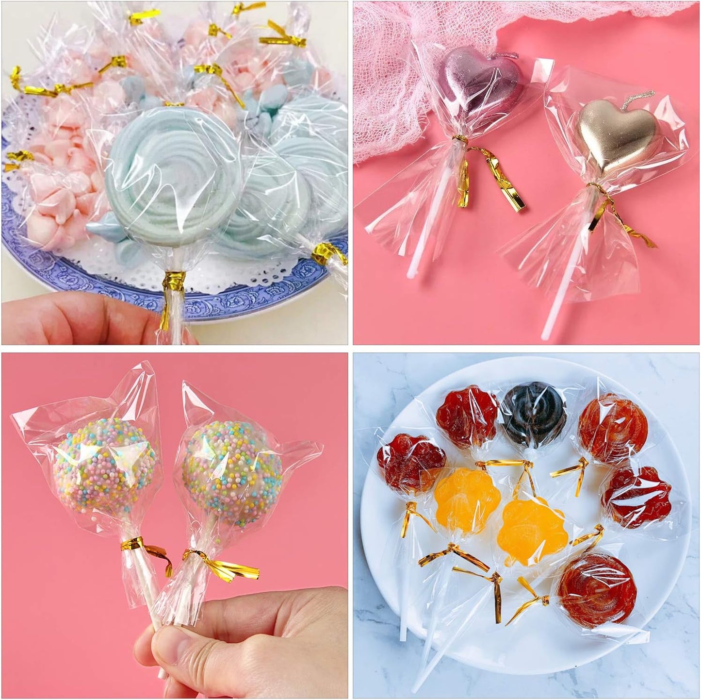 300PCS Lollipop Cake Pop Treat Bag Set Including 100pcs Parcel Bags, Papery Treat Sticks, Gold Metallic Twist Ties for Making Candies, Chocolates and Cookies
