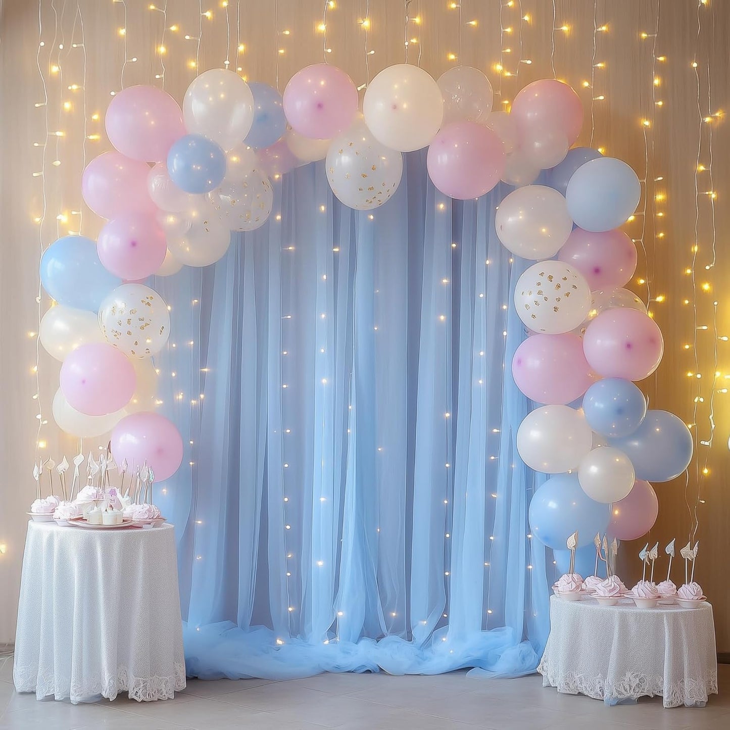 Fomcet Tulle Backdrop Curtains with Lights String White 10FT X 8FT Sheer Curtain with Lights Tulle Curtains Backdrop for Wedding Birthday Party Baby Shower Photo Shoot (2 Panels 5x8FT)