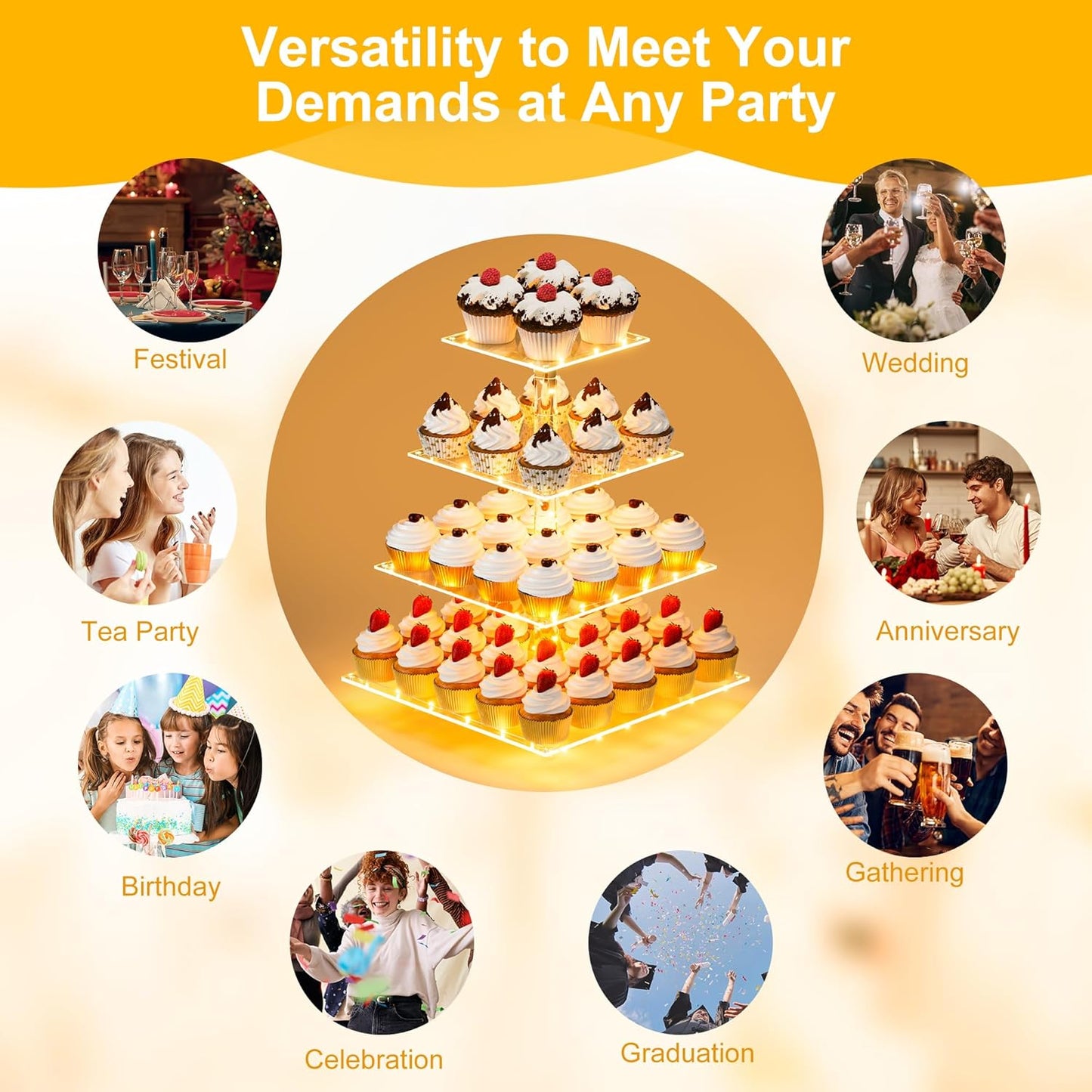 YestBuy Cupcake Stand with Yellow Led Lights, 4 Tier Cupcake Stand for 50 Cupcakes, Acrylic Cupcake Tower Stand, Clear Tiered Cupcake Holder for Birthday Cady Bar Décor Weddings, Parties Events