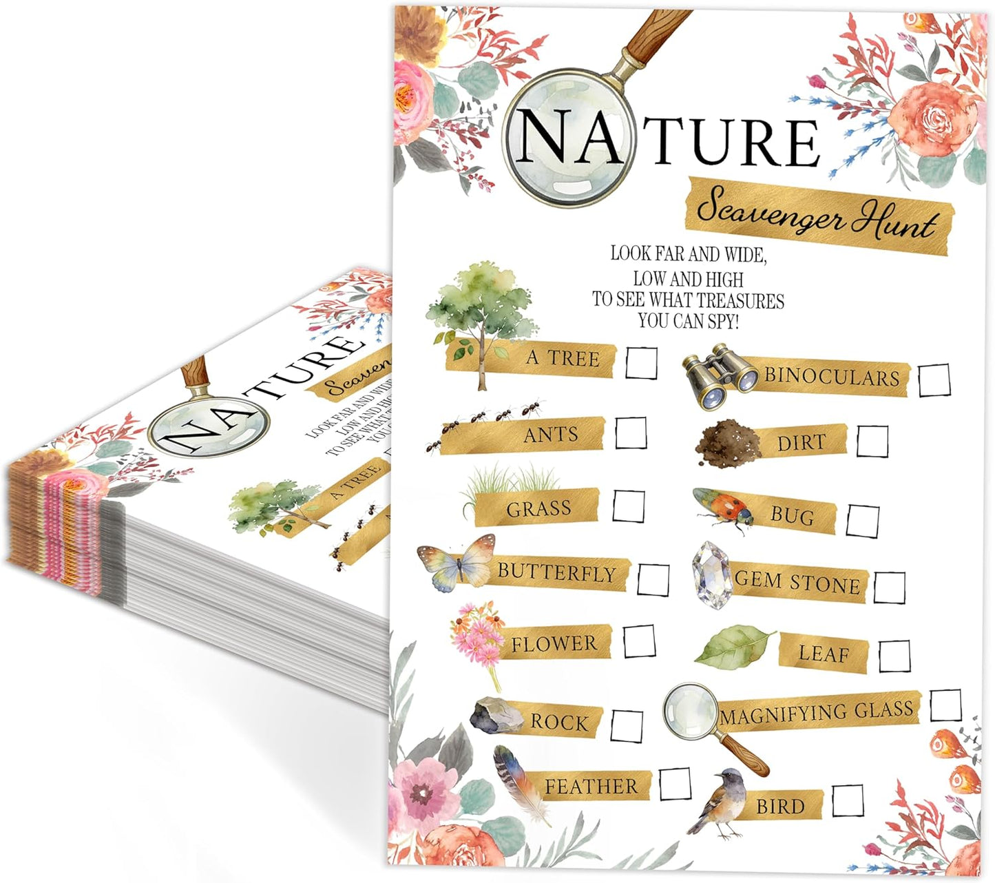 30Pcs Nature Scavenger Hunt Cards, Scavenger Hunt Cards Road Trip and Travel Activities, Spring Summer Holiday Party Supplies, Camping Games Outdoor Indoor Seek Activity-A03