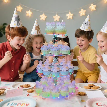 YestBuy Cupcake Stand with Yellow Led Lights, 4 Tier Cupcake Stand for 50 Cupcakes, Acrylic Cupcake Tower Stand, Clear Tiered Cupcake Holder for Birthday Cady Bar Décor Weddings, Parties Events