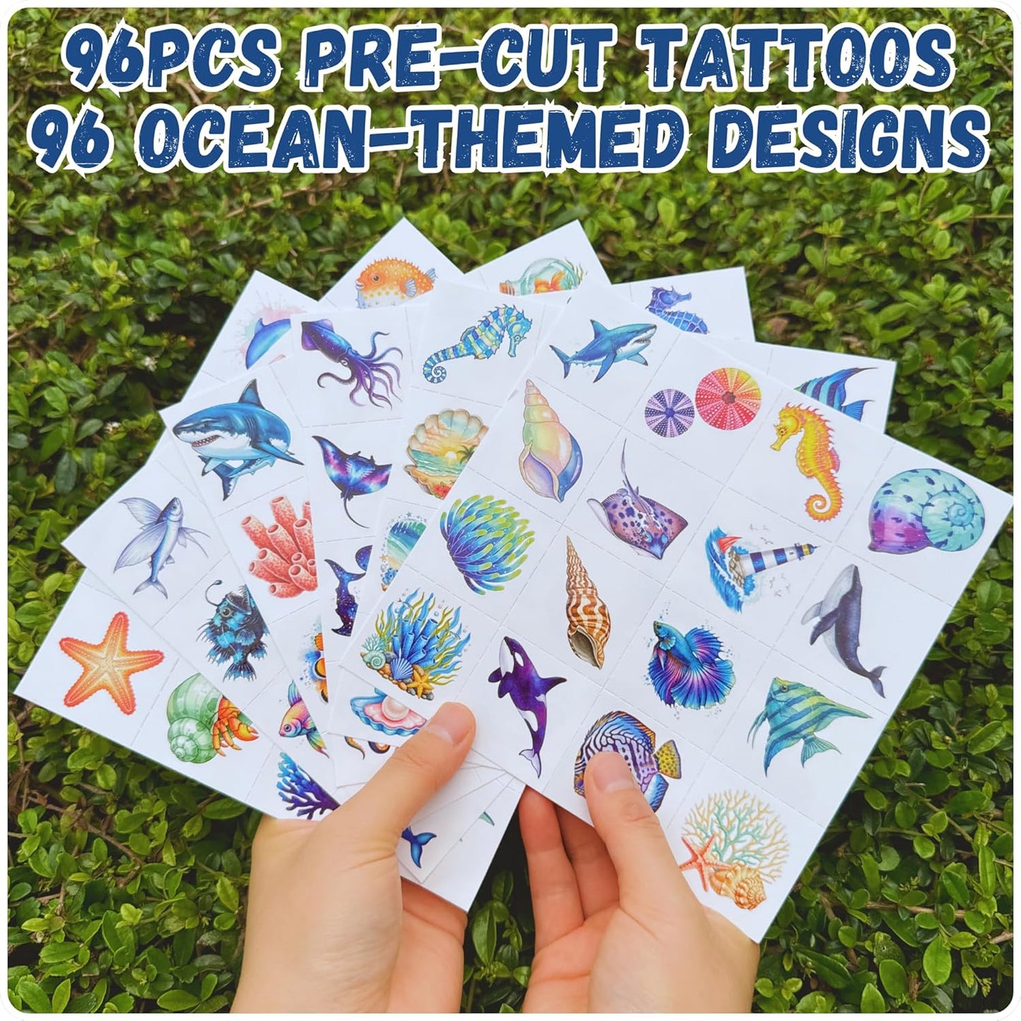 96PCS Ocean Temporary Tattoos Stickers - Under The Sea Themed Birthday Party Favors Adventure Ocean Birthday Party Decorations Accessories Supplies Gift For Kids Teens Adult Classroom Prizes Rewards