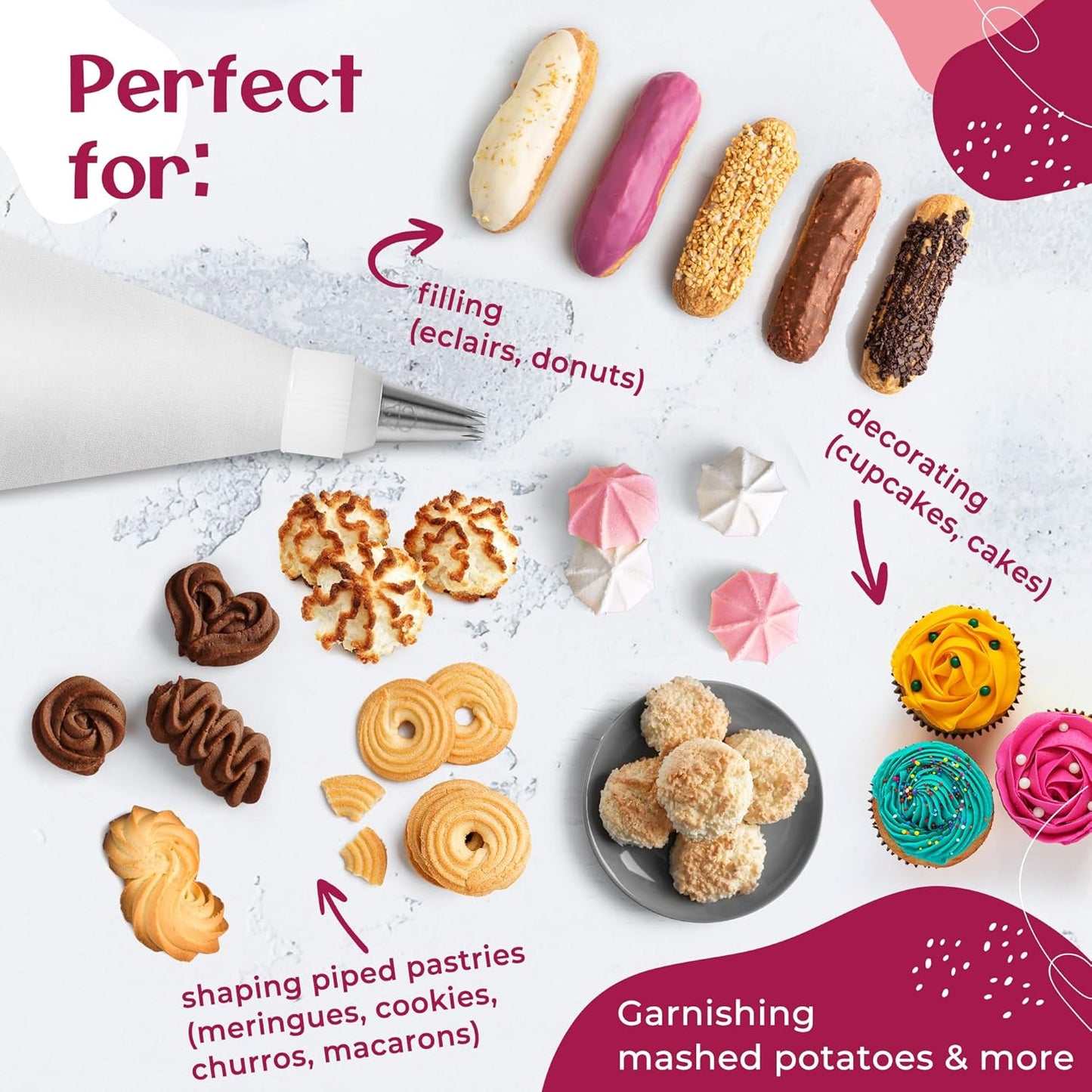 Large Piping Bags and Tips Set - XL Icing Tips - Large Piping Tips Set with Reusable Piping Bag (16 inch) - Decorating Tips for Cupcakes, Cakes, Cookies, Churros, Meringue, etc.