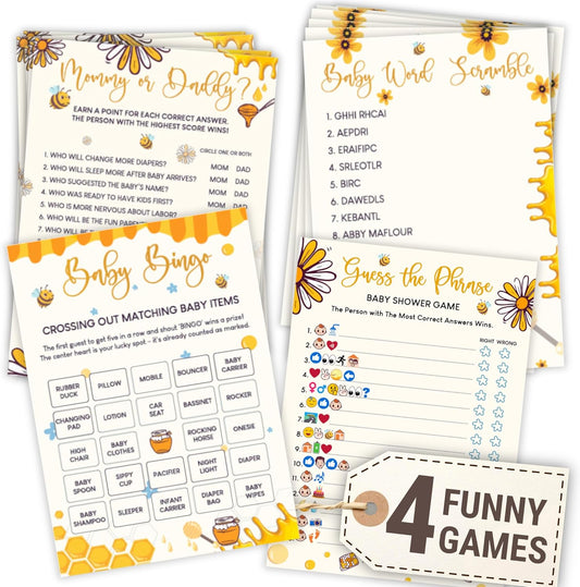 WOODAMORE Winnie Baby Shower Games Boy - Pooh Baby Shower Bingo Cards for 25 Guests, Word Scramble Favors, Guess Who Mommy Or Daddy Game Ideas for Party Decorations