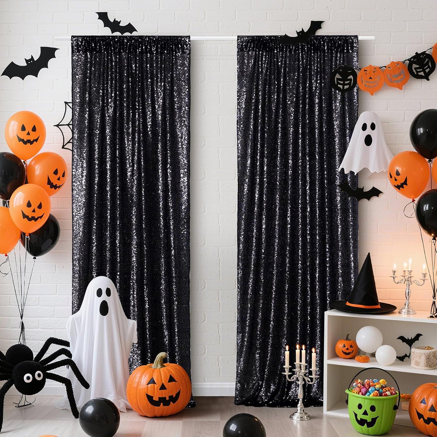 Poise3EHome Black Sequin Backdrop Curtains, 2 Panels 2FTx8FT Glitter Photo Booth Backdrop for Halloween Birthday Bachelorette Wednesday Twilight Party Decorations