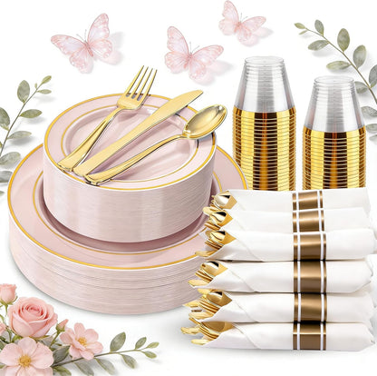 350 Pieces Black and Gold Plastic Plates with Disposable Silverware, Include 50 Dinner Plates 9”, 50 Dessert Plates 6.3”, 50 Black Cups 9 OZ, 50 Pre Rolled Napkins for Wedding Party Graduation
