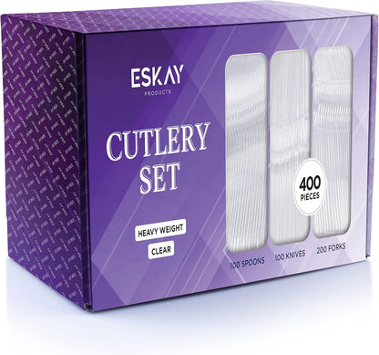 Heavy Weight Plastic Silverware Set - 200 Forks, 100 Knives, 100 Spoons - Disposable Cutlery Combo (Black)