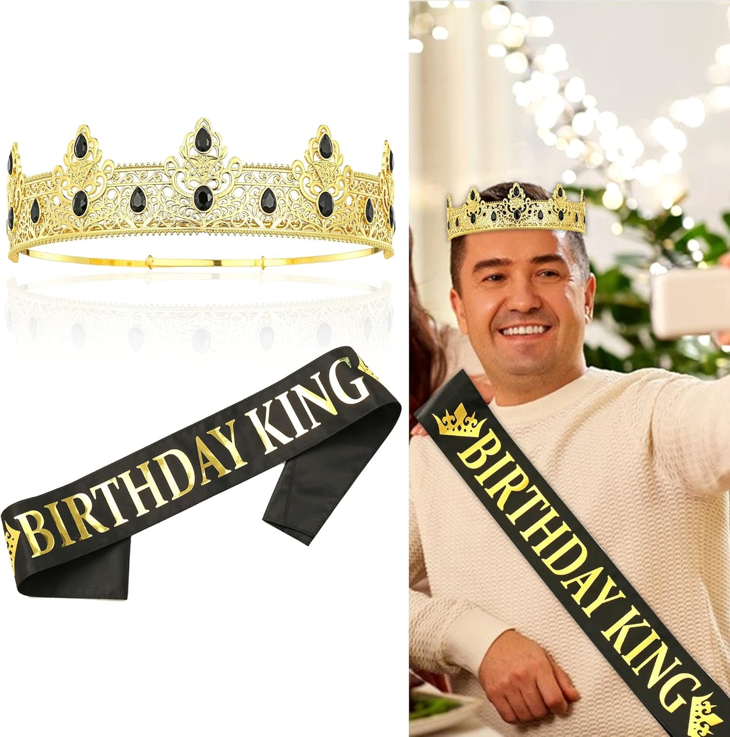 NA King Crown and Birthday Sash, Prom Decoration Gifts for Men (Gold-1)