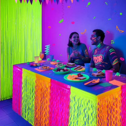 Mega-L Glow in The Dark Party Supplies, 2 Pack Neon Party Decorations Fluorescent Macaron Orange, Yellow and Fuchsia Wavy Metallic Tinsel Foil Fringe Table Skirts, Perfect Glow Birthday Party Decor