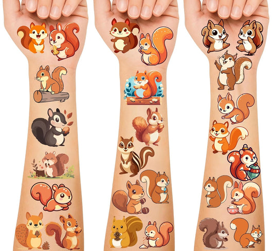 200+PCS Squirrels Theme Tattoos Temporary Stickers Cute Squirrel Wild Animals/Jungle Animals Birthday Party Favors Supplies Decorations Tattoo