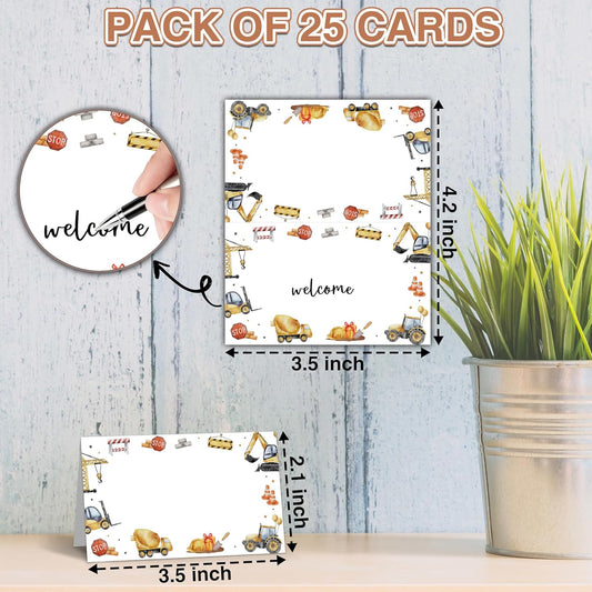 Construction Table Place Cards - 25PCS Tent Cards - Dump Truck Themed Food Lables - Name Place Cards for Table Setting - Name Cards for Birthday Party Baby Shower - Scored for Easy Folding -02