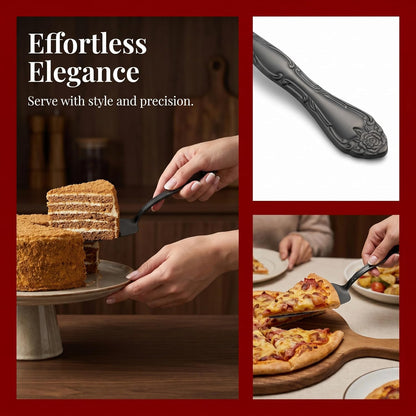 3-Piece Cake Server Set - 9.3-Inch Matte Black 430 Stainless Steel with Rose Handle Design - for Cake, Pie, Pizza, and Dessert Serving - Dishwasher Safe Pastry Server Set