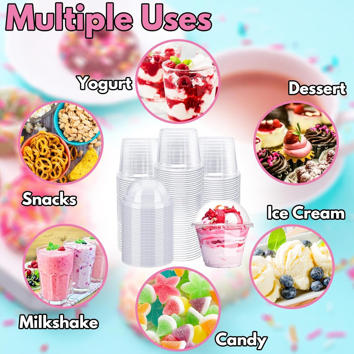 Alaeseje 50 Pack 8oz Disposable Clear Plastic Cups with Dome Lids(Hole in the Lid),PET Dessert Cups,Disposable Snack Bowls for Ice Cream,Cake,Fruit,Parfait, Pudding and Jello Shot
