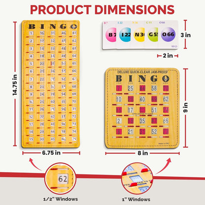 MR CHIPS Jam-Proof Bingo Cards with Sliding Windows, 25 Reusable Shutter Cards, 75 Calling Cards 1 Master Board in Tan Woodgrain Style