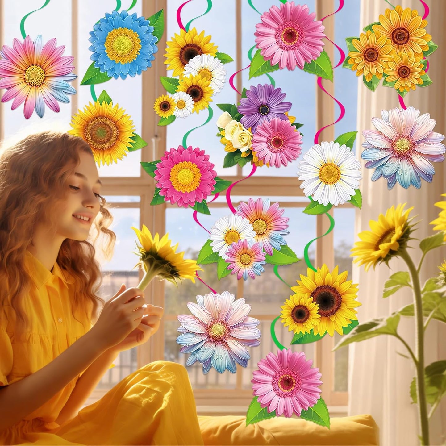 40Pcs Spring Summer Hanging Swirl Decorations, Flowers Sunflower Ceiling Hanging Swirls Floral Swirls Streamers for Spring Summer Mother's Day Baby Shower Birthday Wedding Party Decor