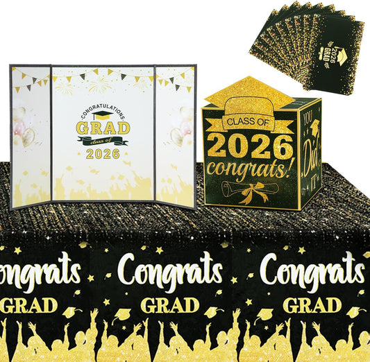 Black and Gold Graduation Decorations 2026 - Trifold Guest Book & Card Box & 30 Message Cards & Table Cover, Grad Party Supplies