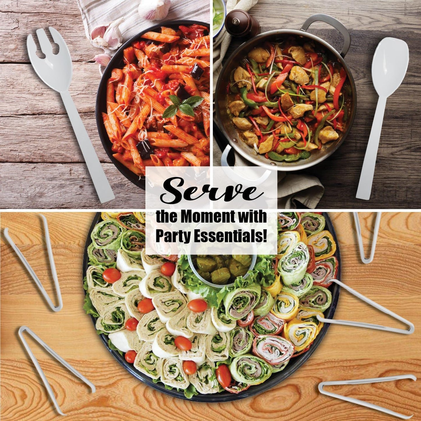 Party Essentials Plastic Party Buffet Serving Utensils Kit, Spoons/Forks/Tongs, 20-Piece, Clear
