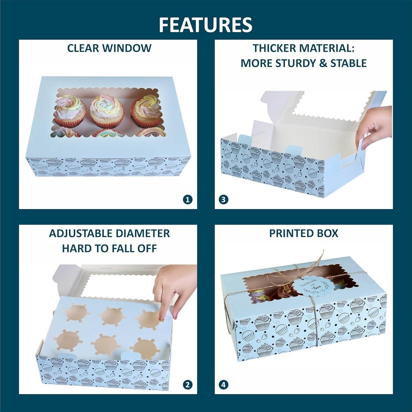 20-Pack Brown Cupcake Boxes with Insert Trays, Tags and Twine | Food Grade Kraft Bakery Boxes with Window to Fit 6 Cupcakes