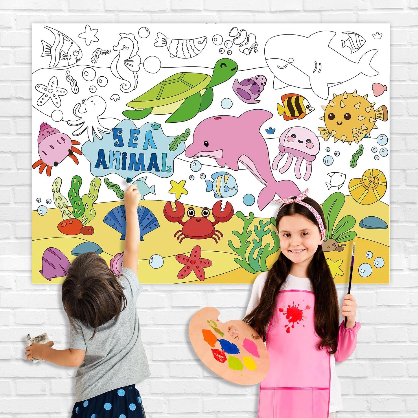 43.3x31.5 Summer Coloring Poster with Picture, Giant Cute Painting Poster, Large Coloring Tablecloth for Classroom Home Birthday Party Supplies Favor