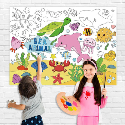 43.3x31.5 Summer Coloring Poster with Picture, Giant Cute Painting Poster, Large Coloring Tablecloth for Classroom Home Birthday Party Supplies Favor
