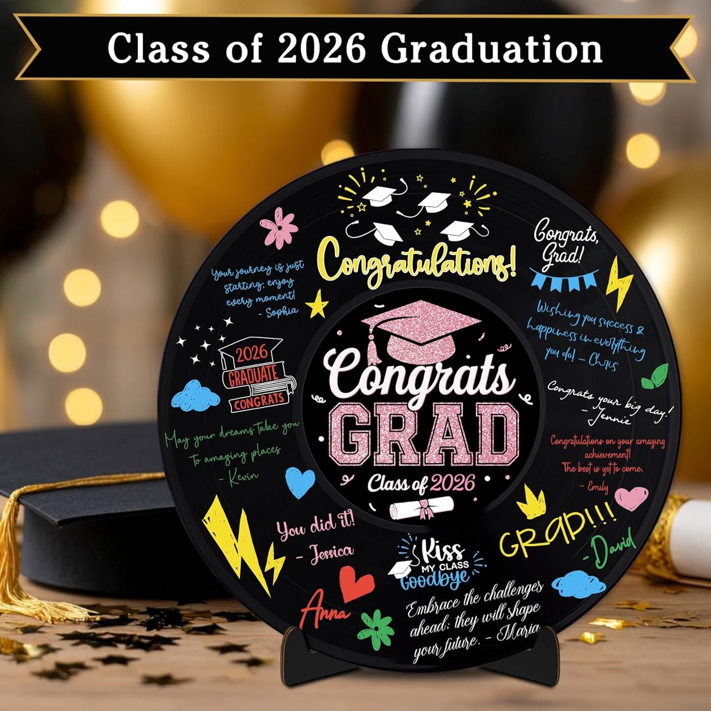 2026 Graduation Party Vinyl Record Alternative Guest Book, Black and Rosegold Class of 2026 Congrats Grad Graduation Decorations Signature Guest Book