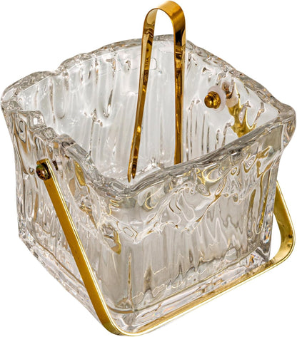 Creative Co-Op 24-Ounce Textured Glass Ice Bucket with Gold Finish Handle and Tongs, Clear/Gold