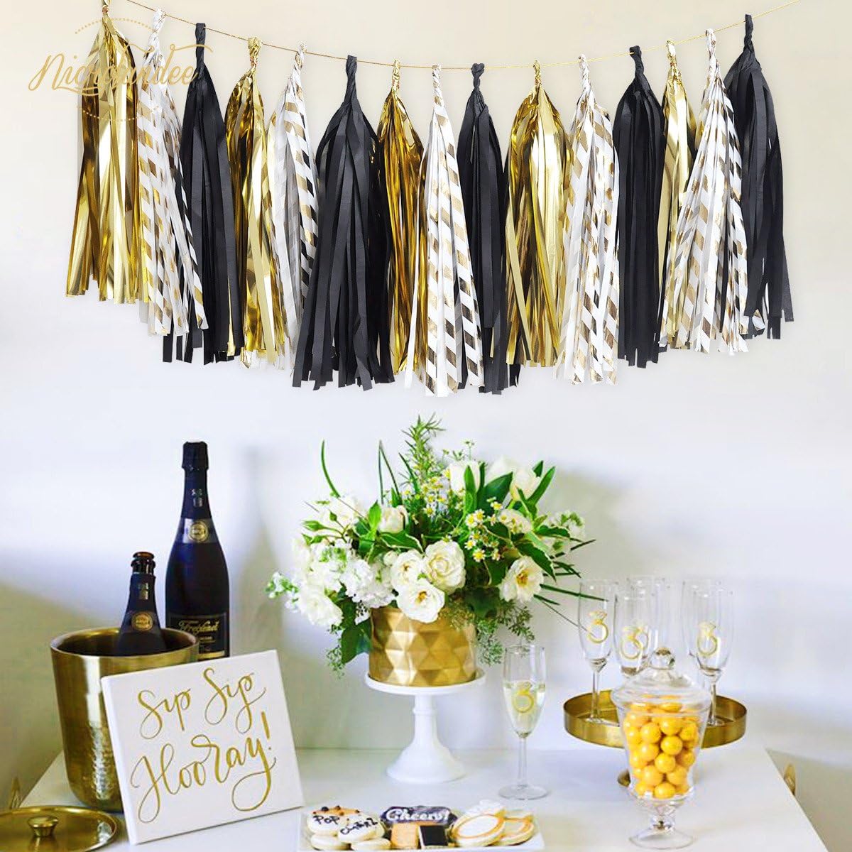 NICROLANDEE Black Gold Graduation Party Decorations, 15PCS Black Gold Tissue Paper Tassel Garland for Birthday, Wedding, Bridal Shower, Bachelorette Party, 2026 New Year's Eve Party Supplies
