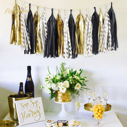 NICROLANDEE Black Gold Graduation Party Decorations, 15PCS Black Gold Tissue Paper Tassel Garland for Birthday, Wedding, Bridal Shower, Bachelorette Party, 2026 New Year's Eve Party Supplies