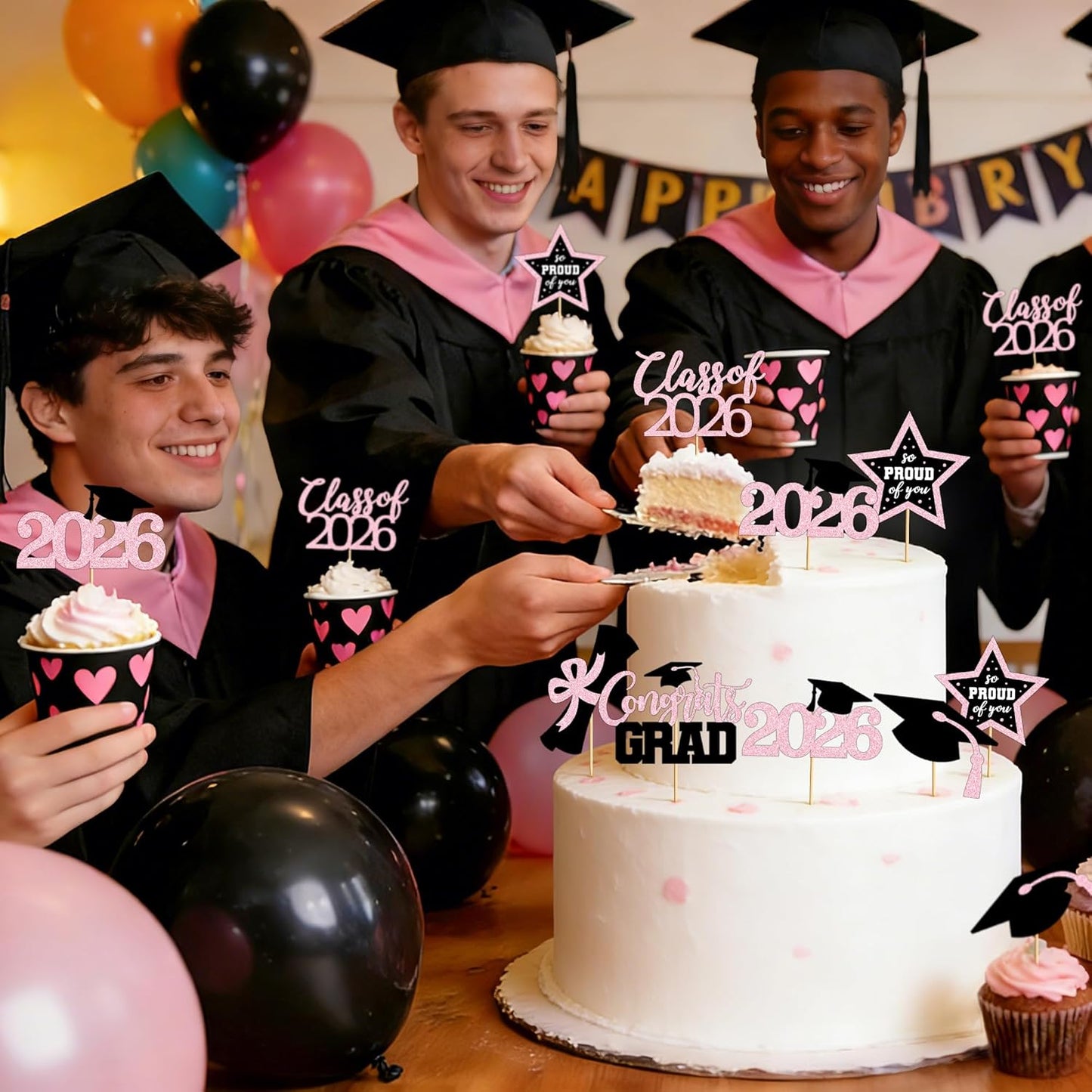 48 PCS Graduation Cupcake Toppers, Glittery 6 Styles Congrats Grad Cake Topper, Black and Red Graduation Decorations 2026, Cap and Diploma Cake Picks for Grad Party Supplies