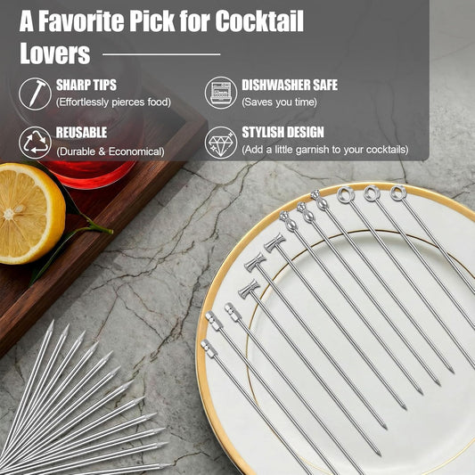 12PCS Metal Cocktail Picks for Drinks, Reusable Stainless Steel Martini Picks with Storage Bag, Dishwasher Safe Fancy Toothpicks for Appetizers & Olives, Bloody Mary Bar Supplies, Cocktail Skewers