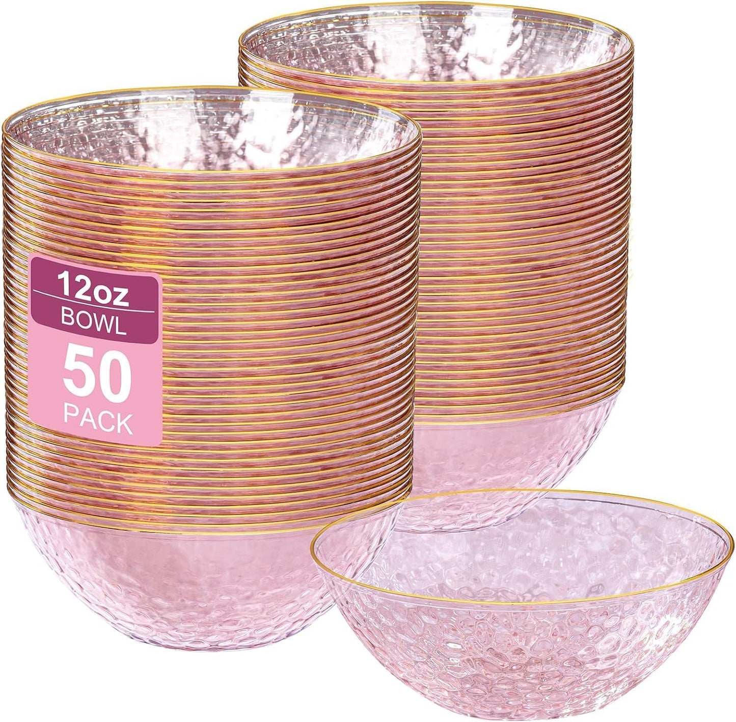 I00000 30 Pack 12 Ounce Pink Plastic Bowls Hammered Clear Bowl with Gold Rimmed, Heavy Duty Disposable Bowl Set,Elegant Salad/Dessert/Ice Cream Small Bowls for Party Weddings