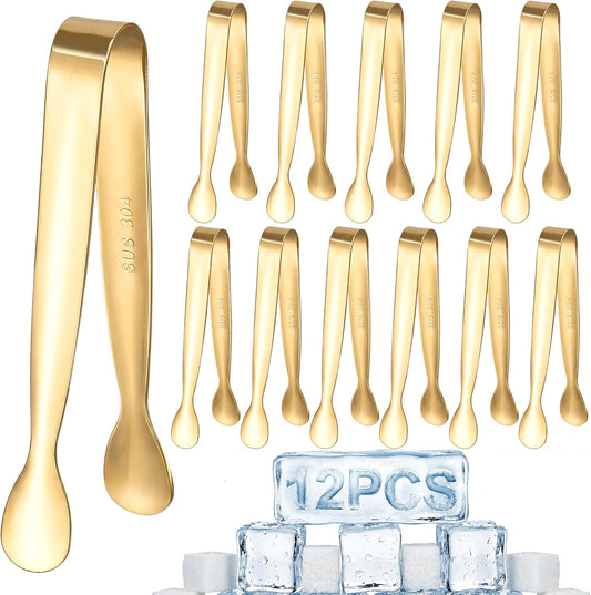 12 Pcs Gold Serving Tongs, Stainless Steel Ice Tongs Mini Sugar Tongs for Kitchen Appetizers, Party. Ting Tongs for Serving Food, Ice, Sugar Cube, Salad, Desserts