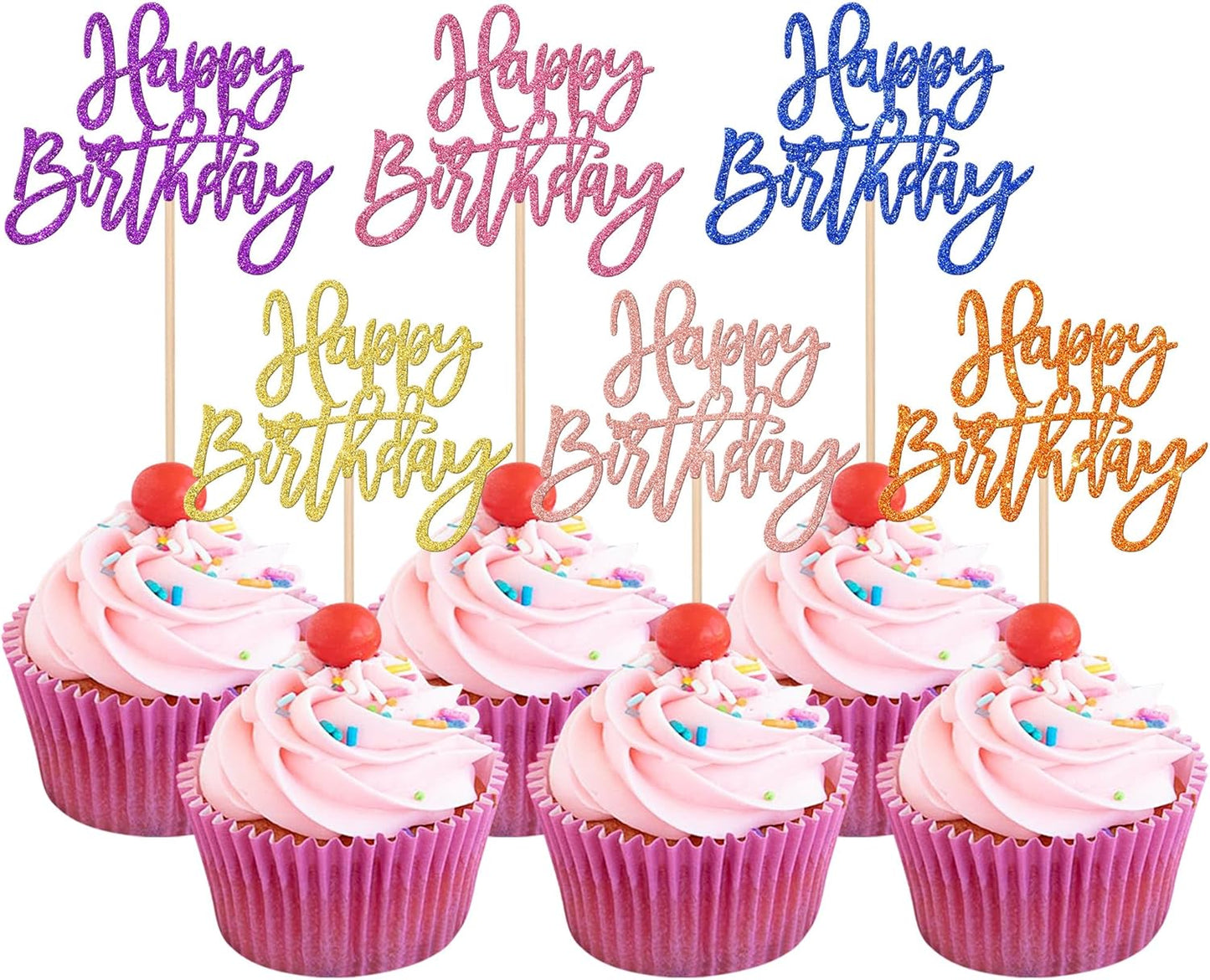 24 PCS Happy Birthday Cupcake Toppers Glitter Picks for Celebrating Anniversary Theme Party Cake Decorations Supplies Gold