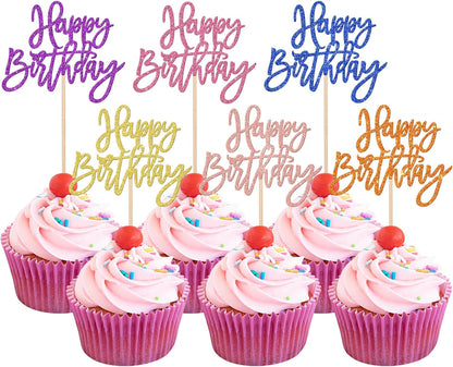24 PCS Happy Birthday Cupcake Toppers Glitter Picks for Celebrating Anniversary Theme Party Cake Decorations Supplies Gold