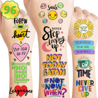 96 PCS Motivational Temporary Tattoos for Kids - Pre-Cut Positive Affirmation Quotes, Inspirational Fake Tattoos for Boys Girls, Birthday Party Favors & School Rewards
