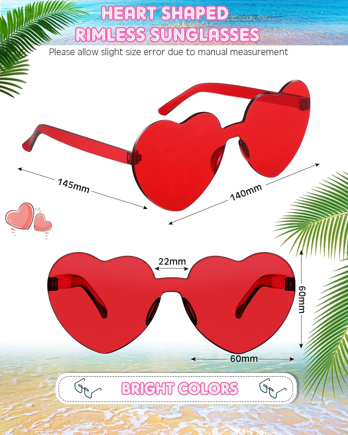 Photect 12 Pair Heart Shaped Sunglasses Neon Color Transparent Heart Glasses for Women Party Favor