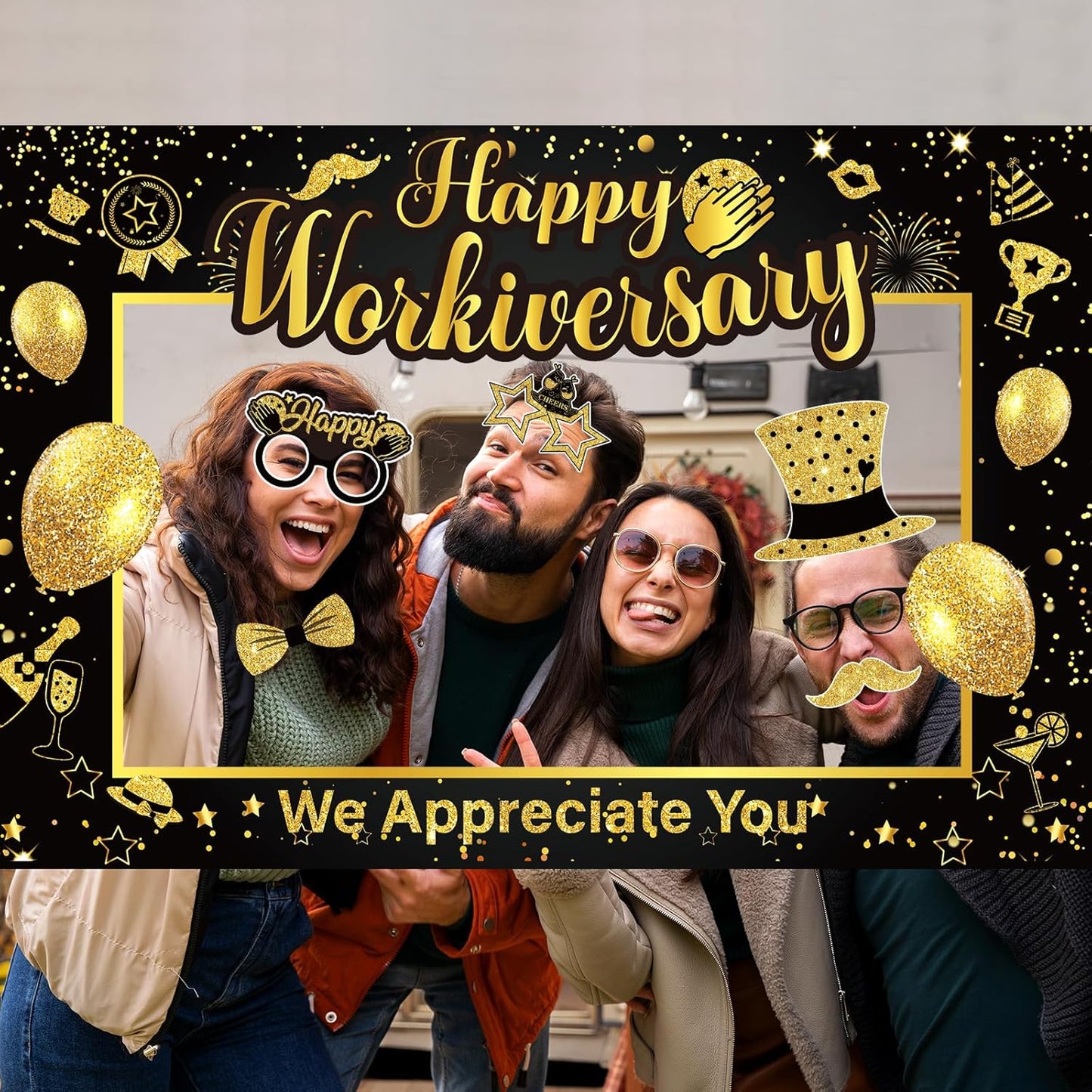 We Appreciate You Thank You Decorations Happy Work Anniversary Decorations Black Gold Selfie Photo Frame & 25pcs Photo Booth Props for Employee Staff Teacher Doctor Graduation Party Decor Supplies
