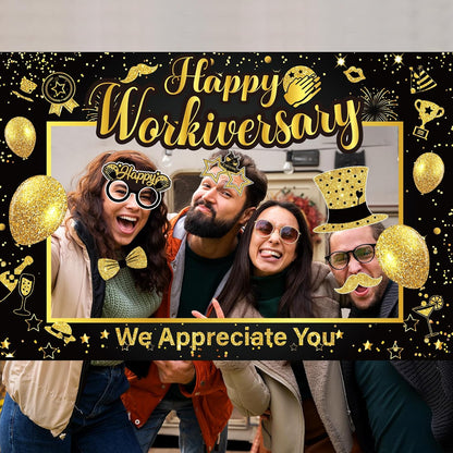 We Appreciate You Thank You Decorations Happy Work Anniversary Decorations Black Gold Selfie Photo Frame & 25pcs Photo Booth Props for Employee Staff Teacher Doctor Graduation Party Decor Supplies