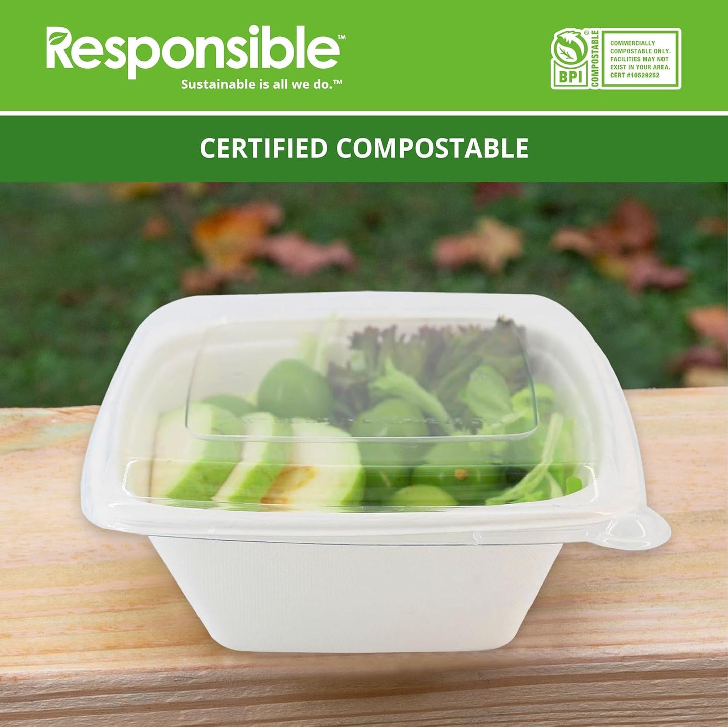 Responsible Products 100% Compostable Square Serving Bowls, 48 oz Disposable Paper Bowls, Microwave Safe, Freezer Safe, Soup Safe, No Plastic, Eco-Friendly, Tree-Free, No PFAS. White (50 Count)