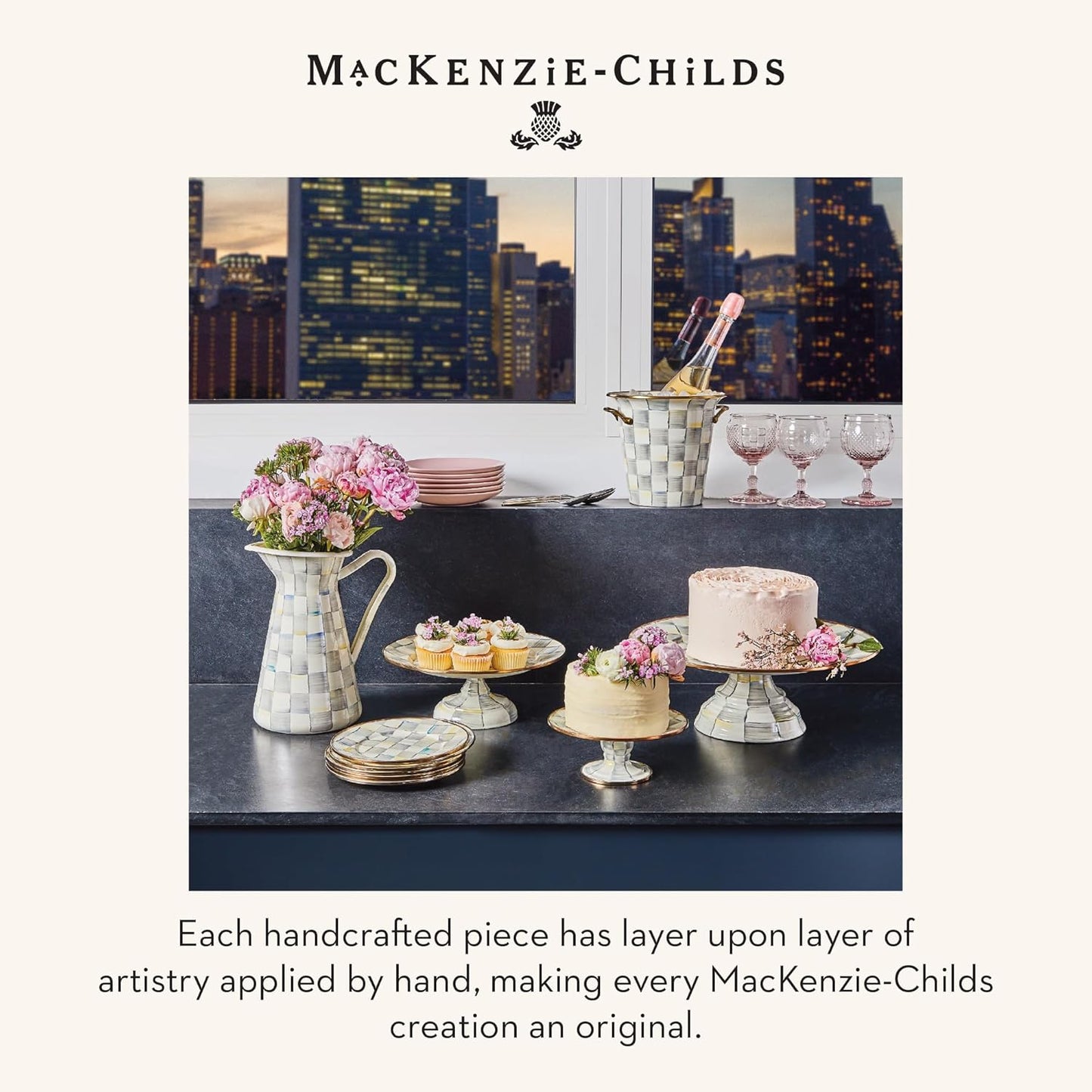 MACKENZIE-CHILDS Enamel Pedestal Platter, Round Cake Stand, Large, Black-and-White Courtly Check