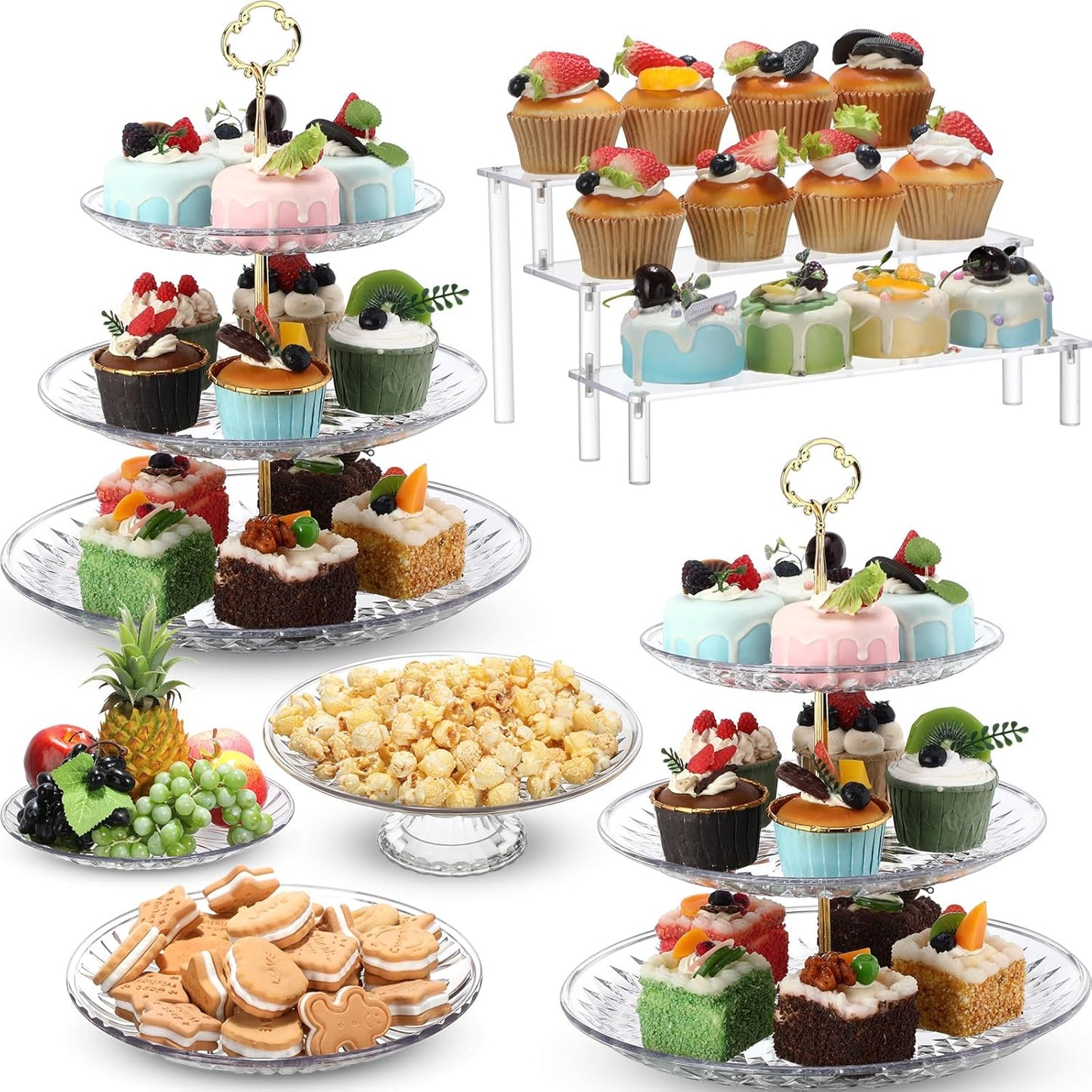 6 Pcs Acrylic Dessert Stands Set Include Display Risers Cupcake Tower and Clear Round Dessert Trays Cake Table Holder for Wedding Baby Shower Decoration(Classic Style)