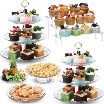 6 Pcs Acrylic Dessert Stands Set Include Display Risers Cupcake Tower and Clear Round Dessert Trays Cake Table Holder for Wedding Baby Shower Decoration(Classic Style)